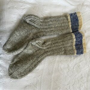 Handmade Gray Wool Socks with Blue & White Stripes Winter Outdoor Cozy Comfy